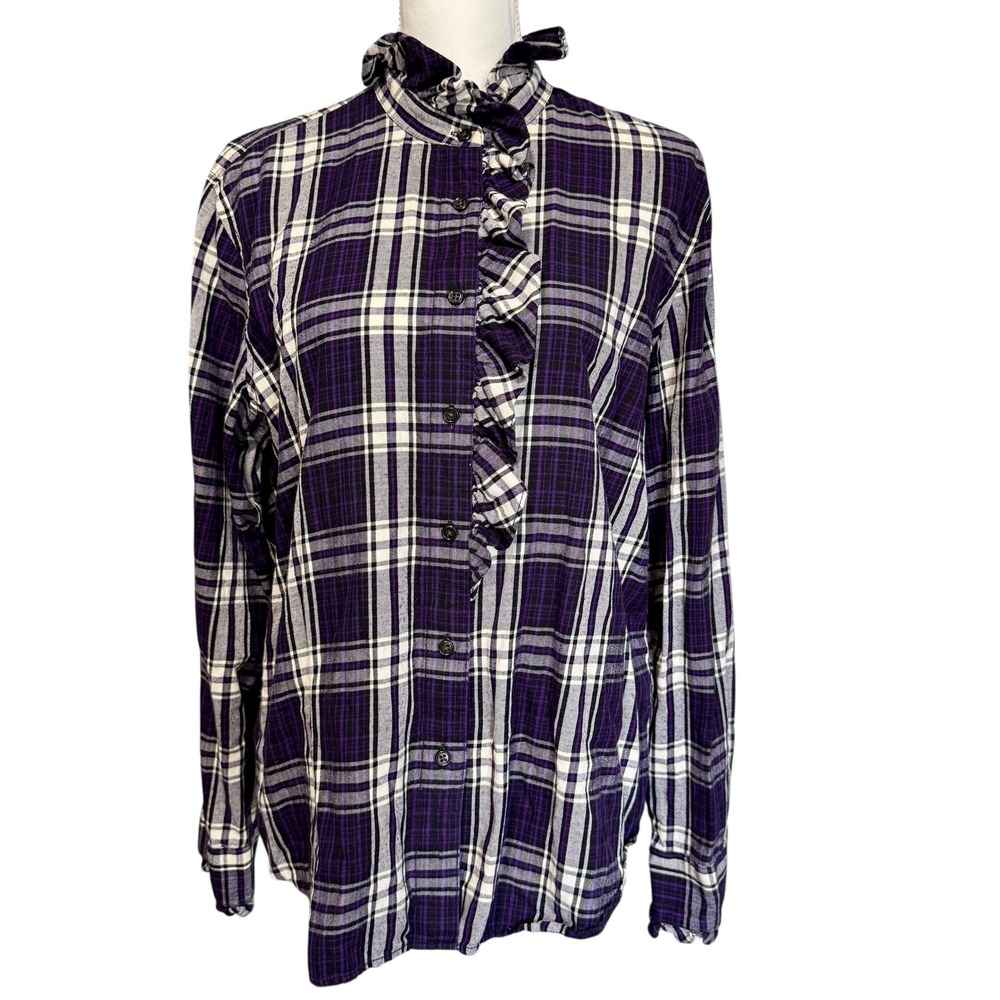 Lauren Ralph Lauren Purple Plaid Ruffle Button Down Shirt Womens XL Cotton